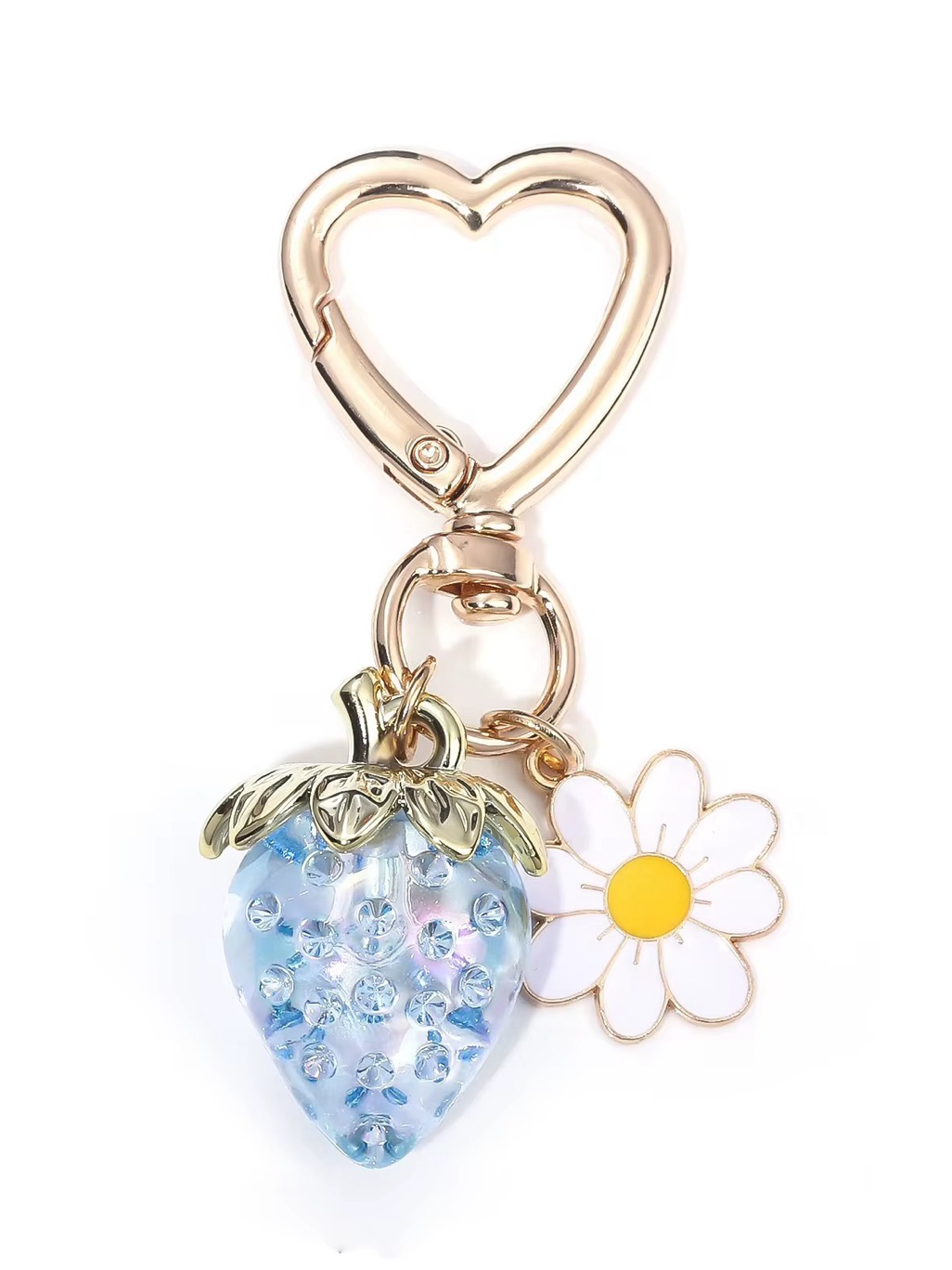 Gold Heart Keyring With Blue Crystal Strawberry & White Daisy Charm